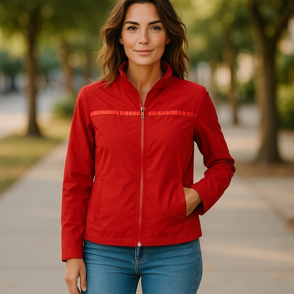Izzi red zip up jacket with vegan leather trim s